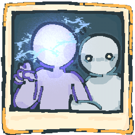 A drawing of a ms paint style polaroid photo. In the photo there is on purple person whos doing a peace sign and one grey person holding onto purple persons right arm. The purple persons face is shrouded in a blue-white glow and they have a glitchy pale blue halo.